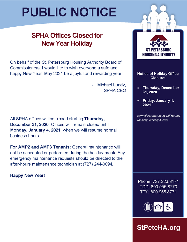 Public Notice - New Year's Office Closure (12/28/2020) - News Archives -  St. Petersburg Housing Authority - RISE | St. Petersburg, Florida