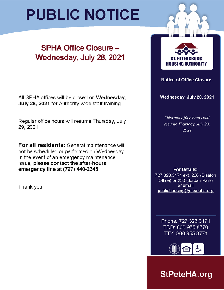 Public Notice - SPHA Offices Closed for Training (07/26/2021) - News  Archives - St. Petersburg Housing Authority - RISE | St. Petersburg, Florida
