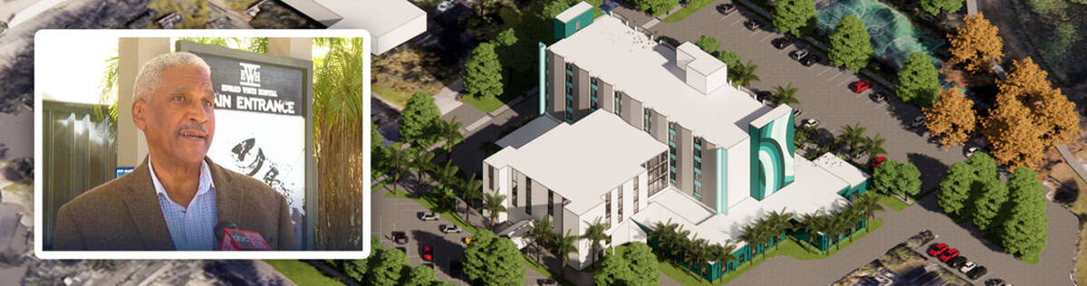 A rendering of a development project with a headshot of Mr. Lundy.