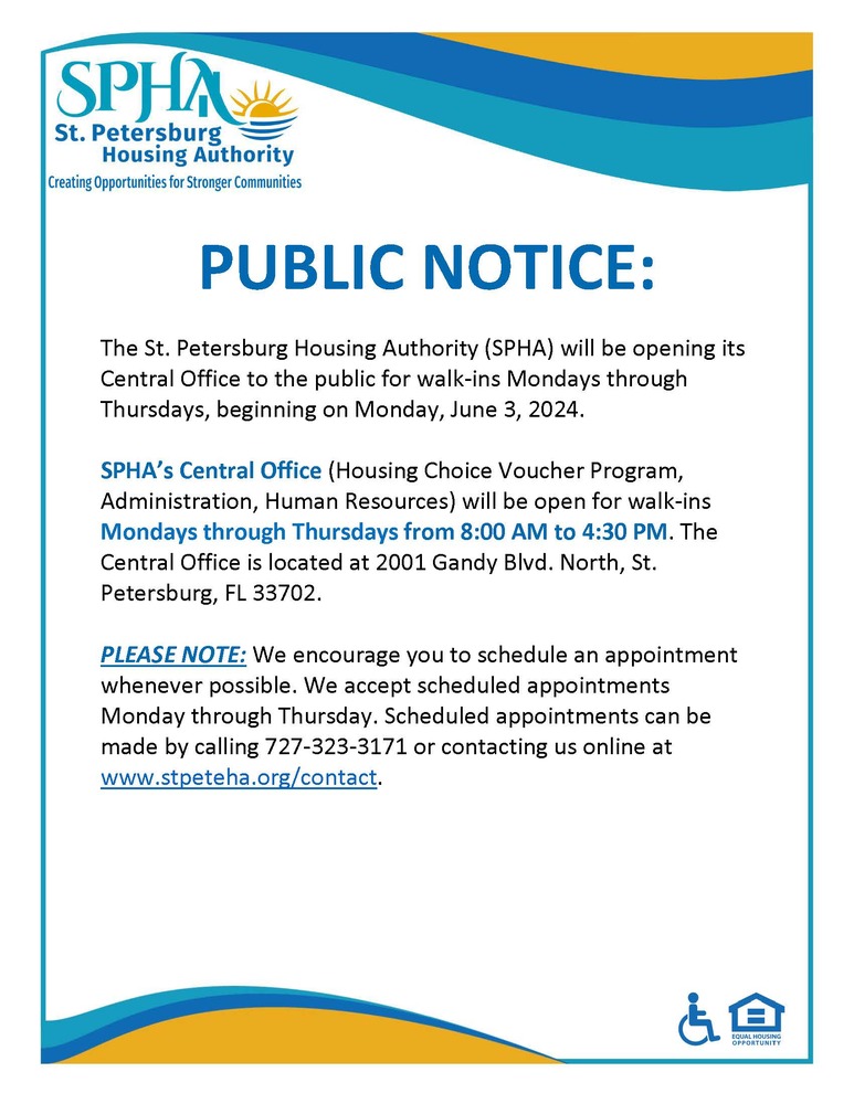 Public Notice flyer regarding SPHA walk-in appointments.