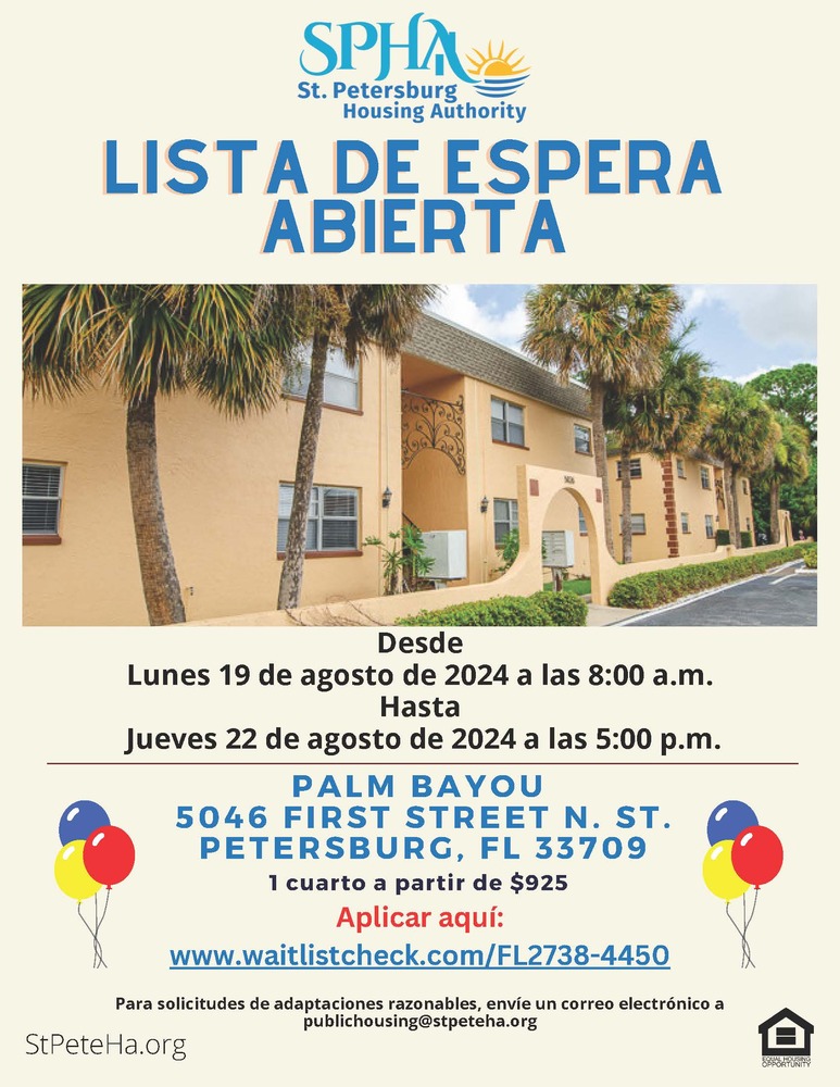 Palm Bayou Apartments Waiting List flyer in Spanish.