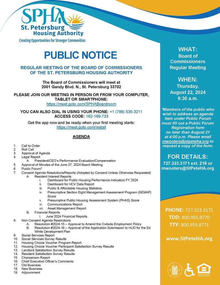 SPHA Board Meeting Public Notice flyer