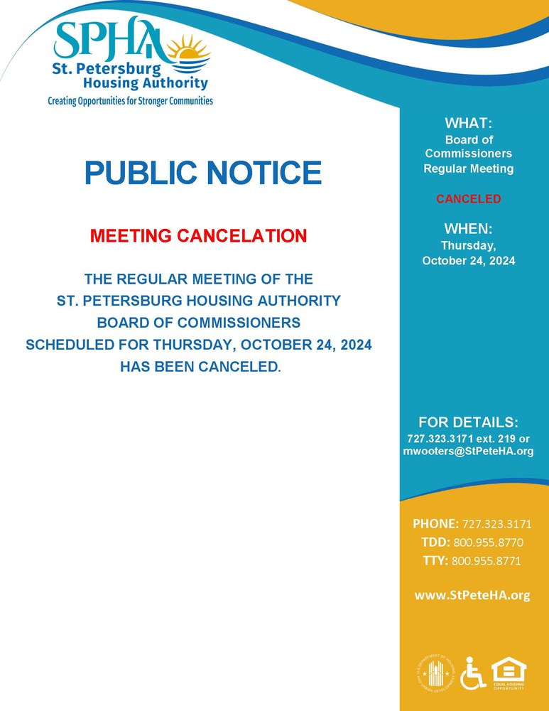 Flyer of Regular SPHA Board Meeting Cancelation Notice 10-24-2024.