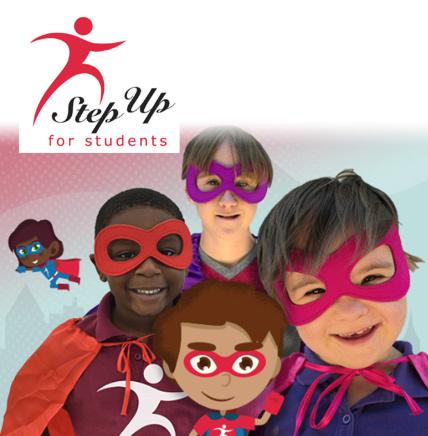 photo of step up logo and kids being superheros